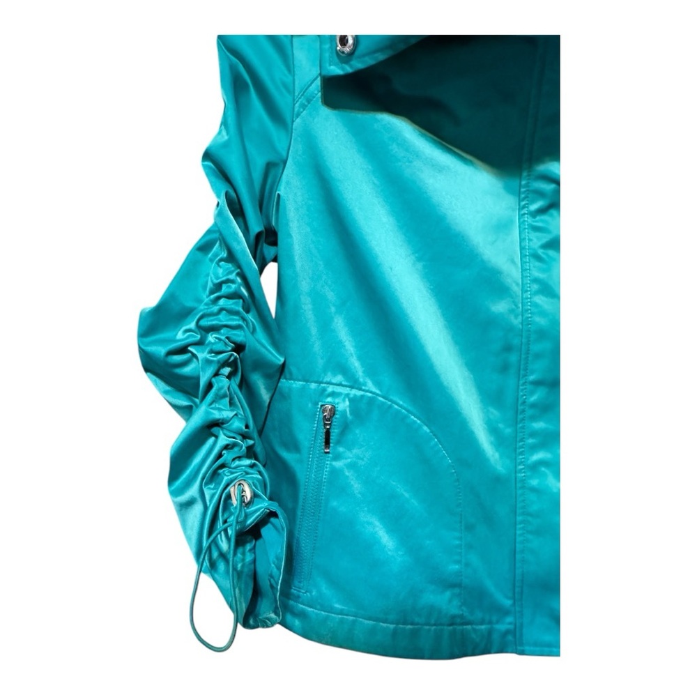 Chico’s Aqua Blue Teal Ruched Sleeve Satin Femme Moto Jacket Size 0 Bomber Biker - Picture 4 of 10